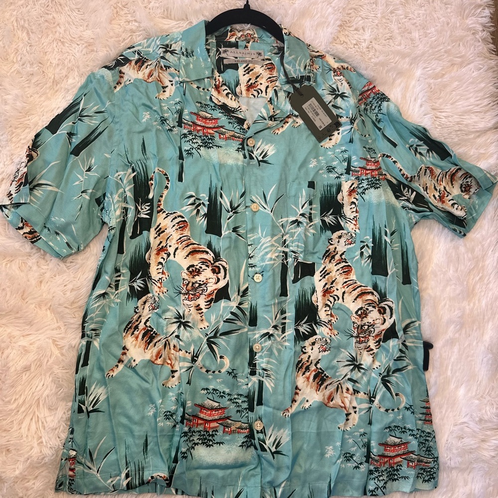 All Saints Mens Teal Tiger Print Dress Shirt